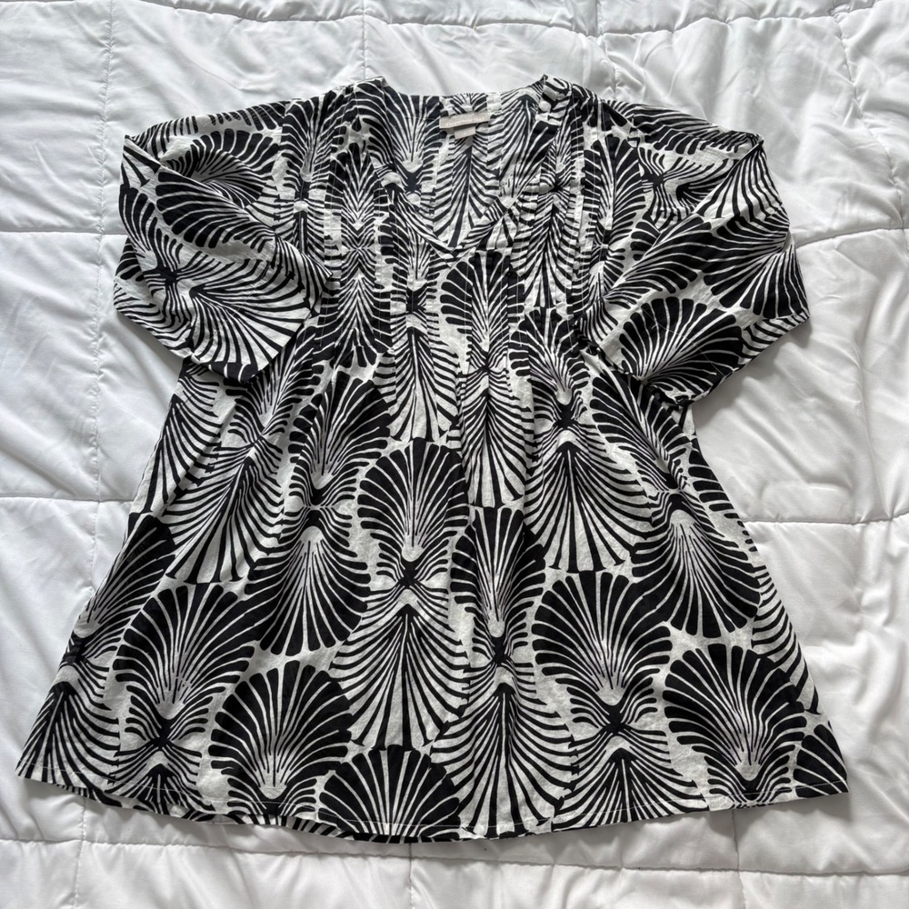 Tunic Top Womens Medium Black White Shell 100% Cotton‎ Nautical Beachy Summer
